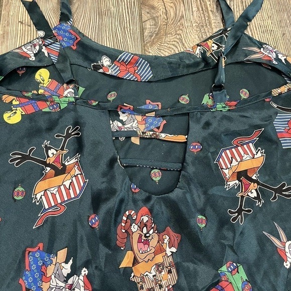 LOONEY Tunes Christmas Nightgown Vintage Medium Slip Chemise Pajamas Green - Picture 6 of 8